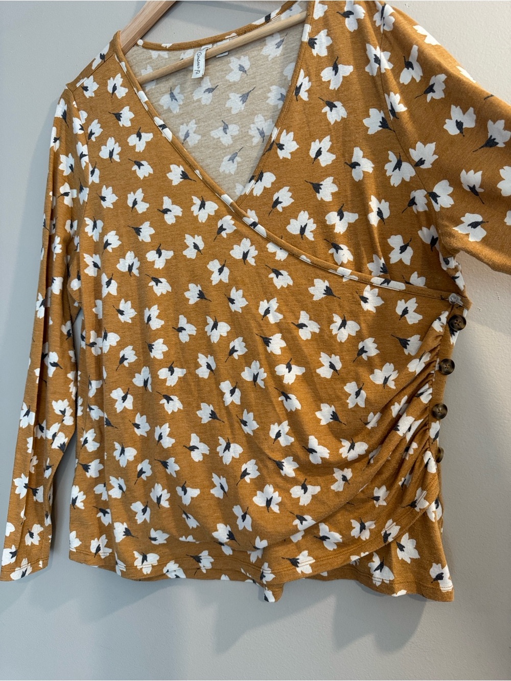 Cato Mustard Floral Wrap-Style Blouse